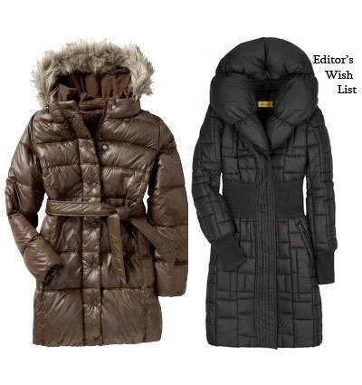 Credits: Old Navy Women’s Frost Free Hooded Coats in Coffe Grounds, $79.50, oldnavy.com; Catherine Malandrino Quilted Puffa Coat, $995, net-a-porter.com